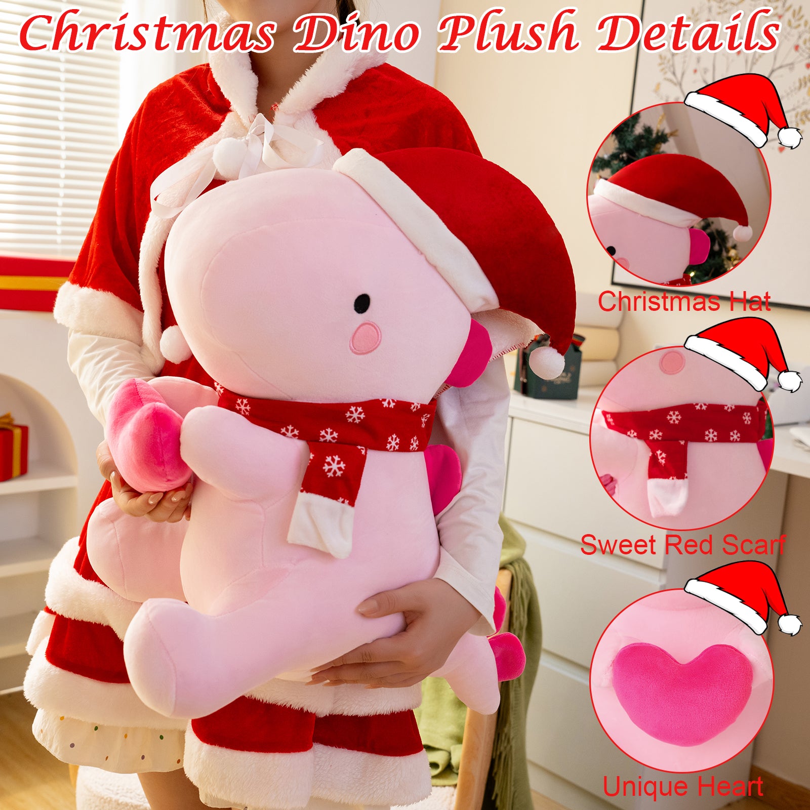 SQEQE Christmas dinosaur plush toy featured in a holiday construction detail graphic