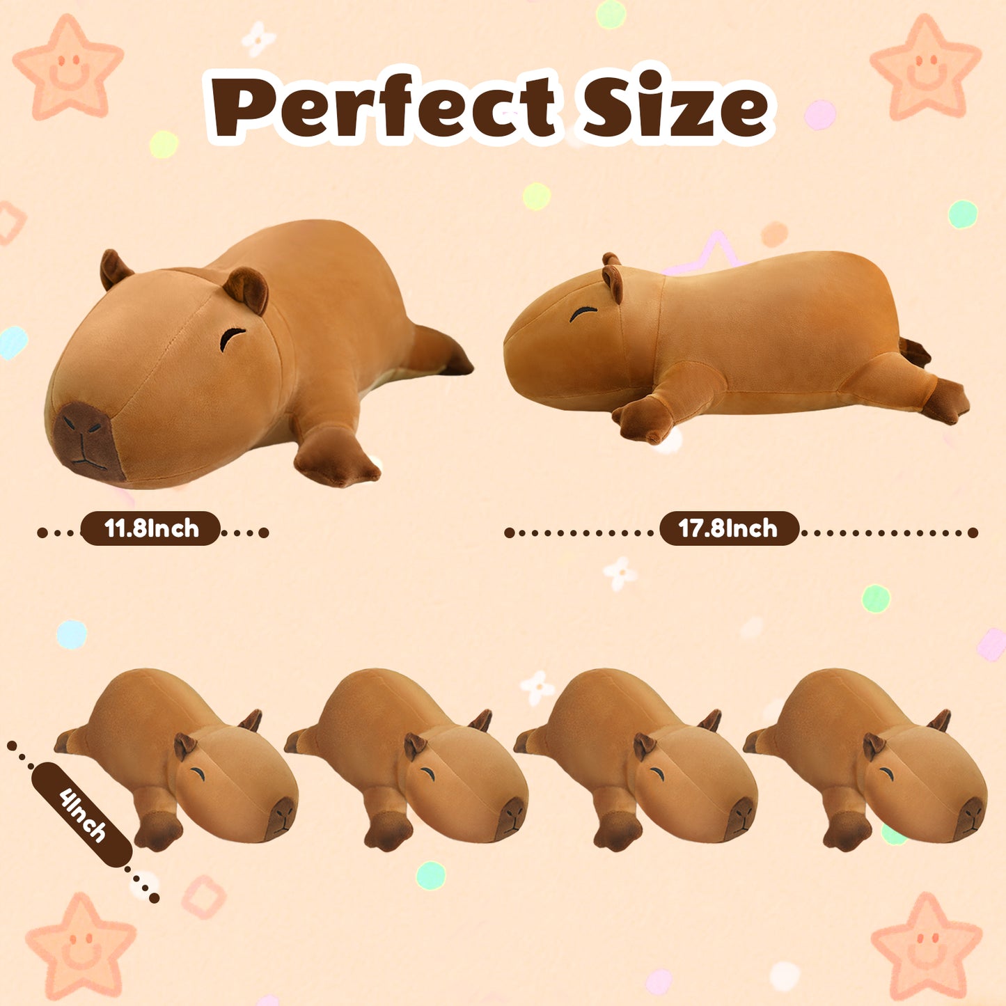 SQEQE capybara stuffed animal with babies featured across sleep relaxation and travel scenes