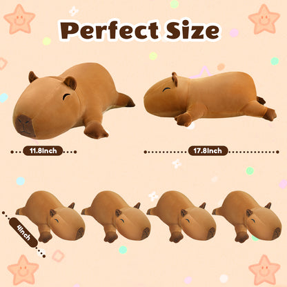 SQEQE capybara stuffed animal with babies featured across sleep relaxation and travel scenes
