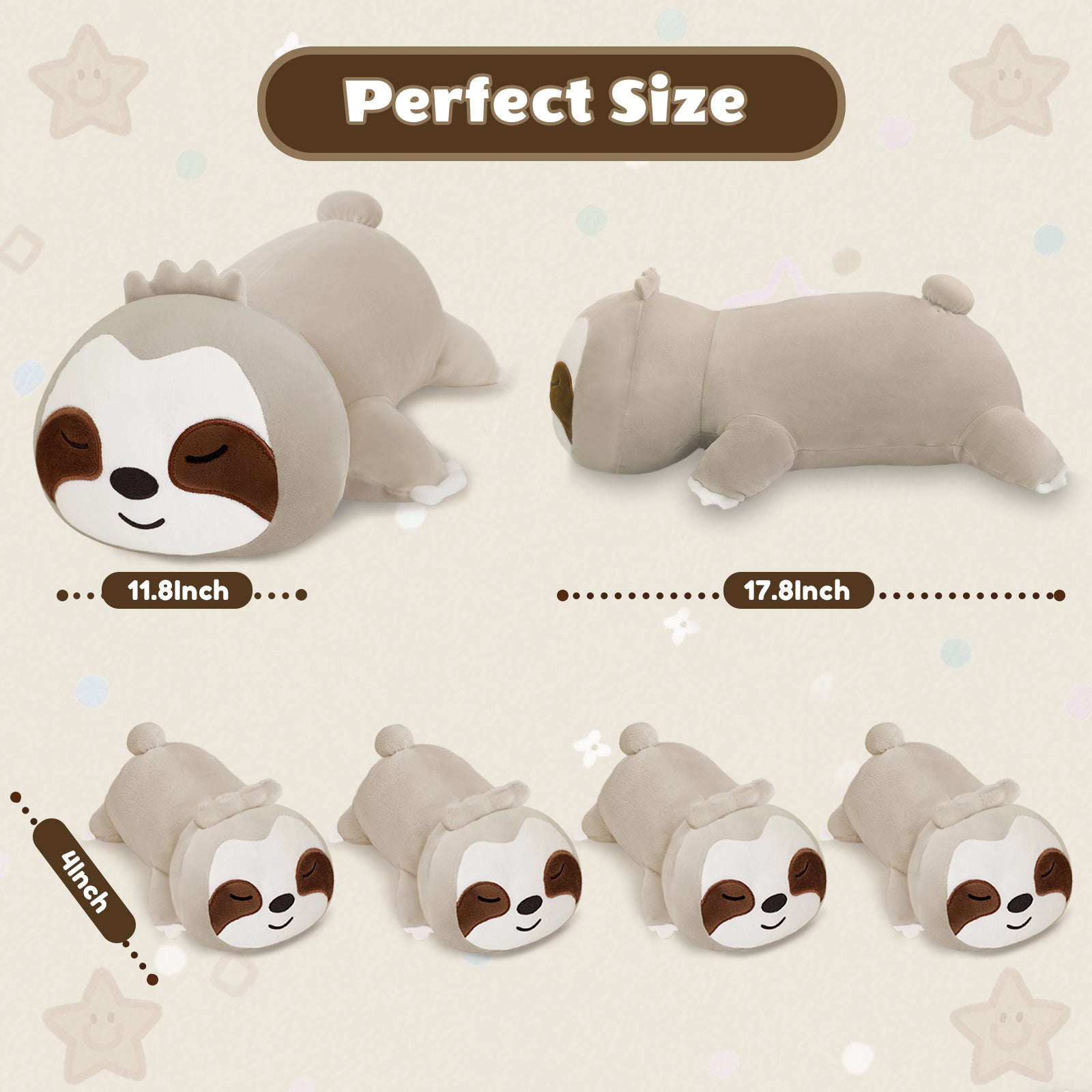 SQEQE sloth stuffed animal with babies shown in a parent and baby plush size comparison