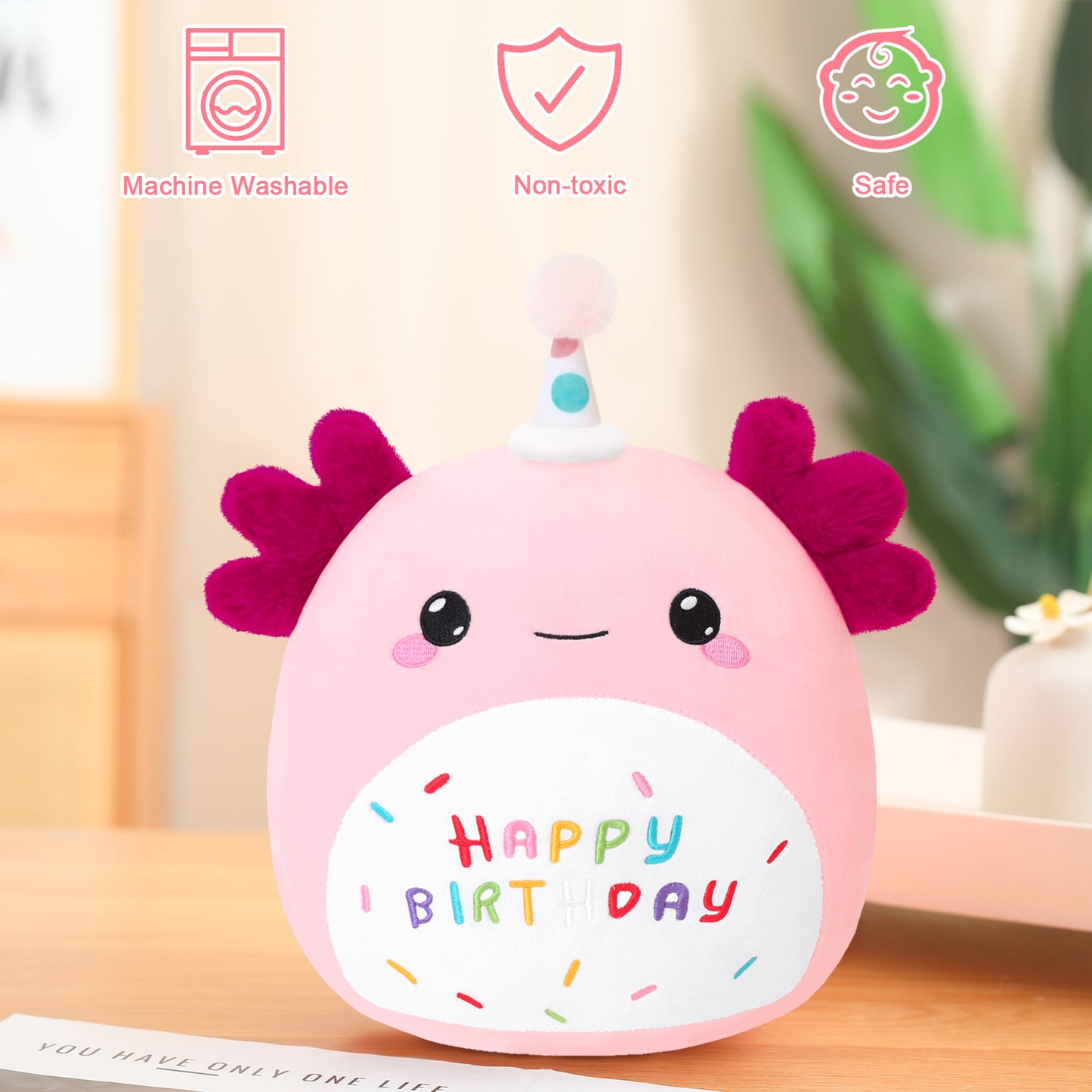 SQEQE birthday axolotl plush toy shown in a washable product feature graphic
