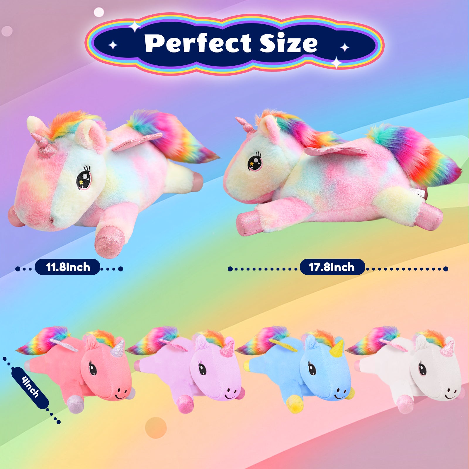 SQEQE unicorn stuffed animal with babies shown in a parent and baby plush size comparison
