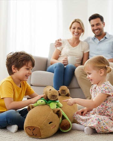SQEQE weighted capybara stuffed animal shown in a second complete plush family display