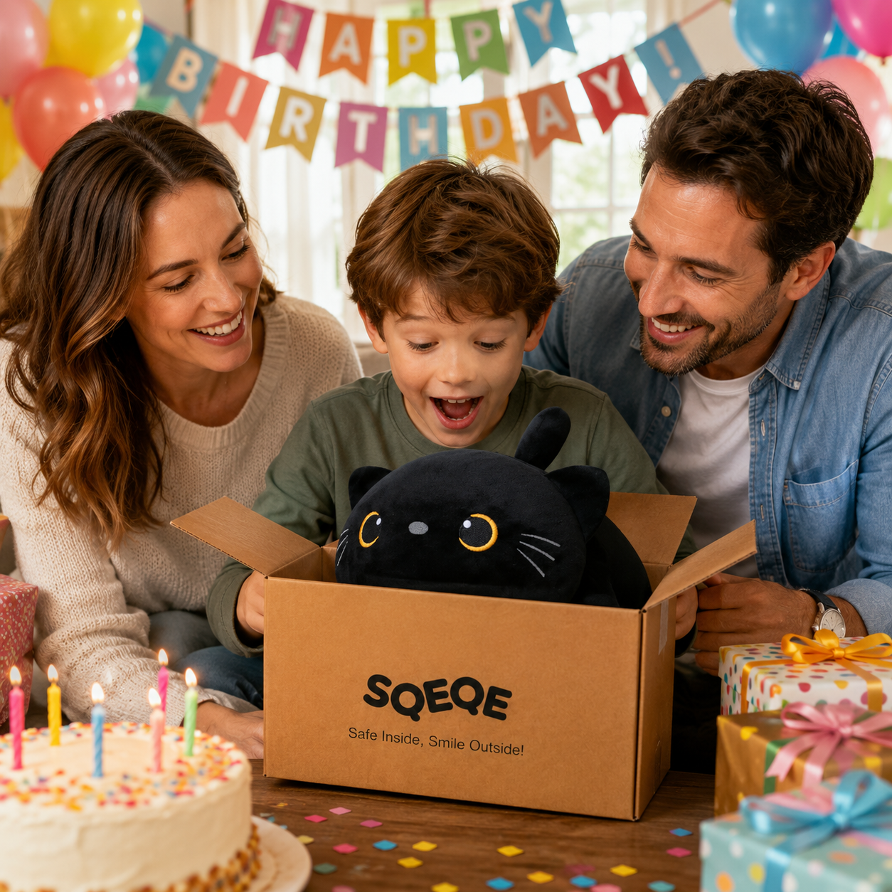 SQEQE weighted cat stuffed animal revealed from a branded gift box at a birthday celebration