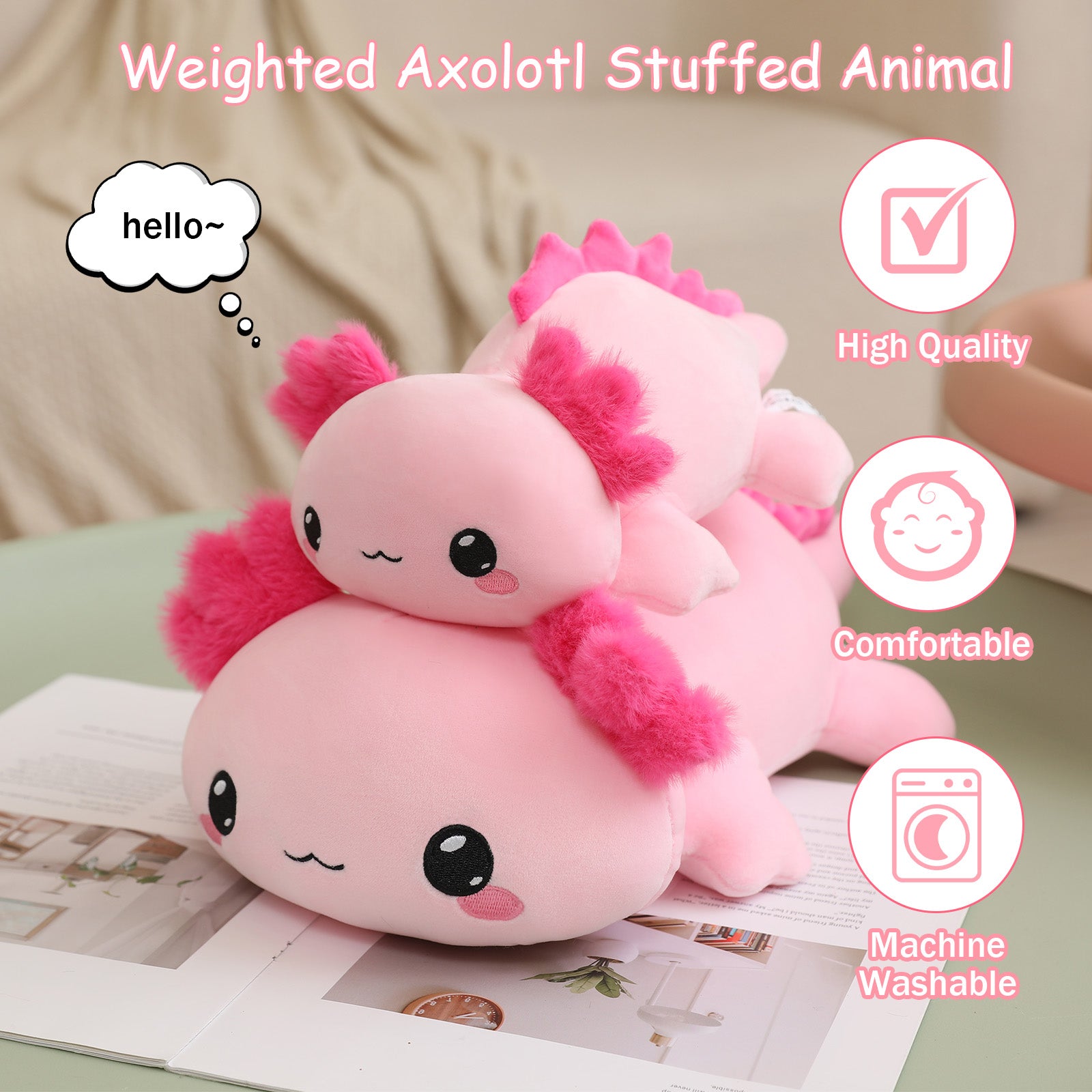 SQEQE weighted axolotl stuffed animal shown in a weighted plush benefits layout