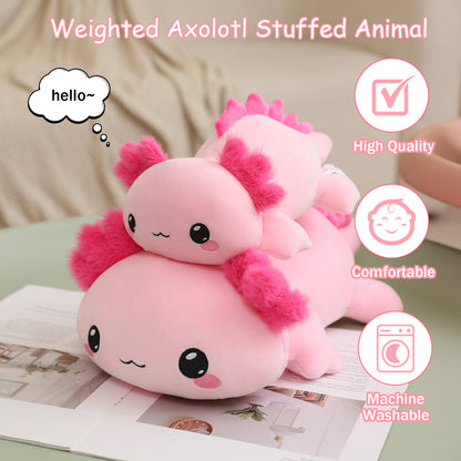 SQEQE weighted axolotl stuffed animal shown in a weighted plush benefits layout