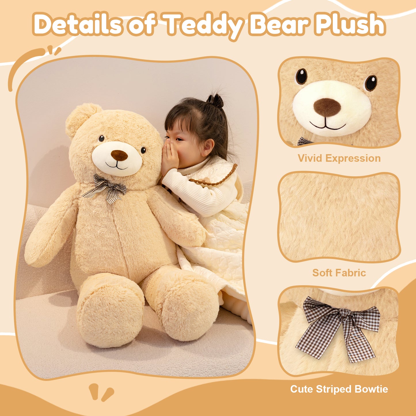 SQEQE giant teddy bear stuffed animal featured in a plush fabric and construction guide