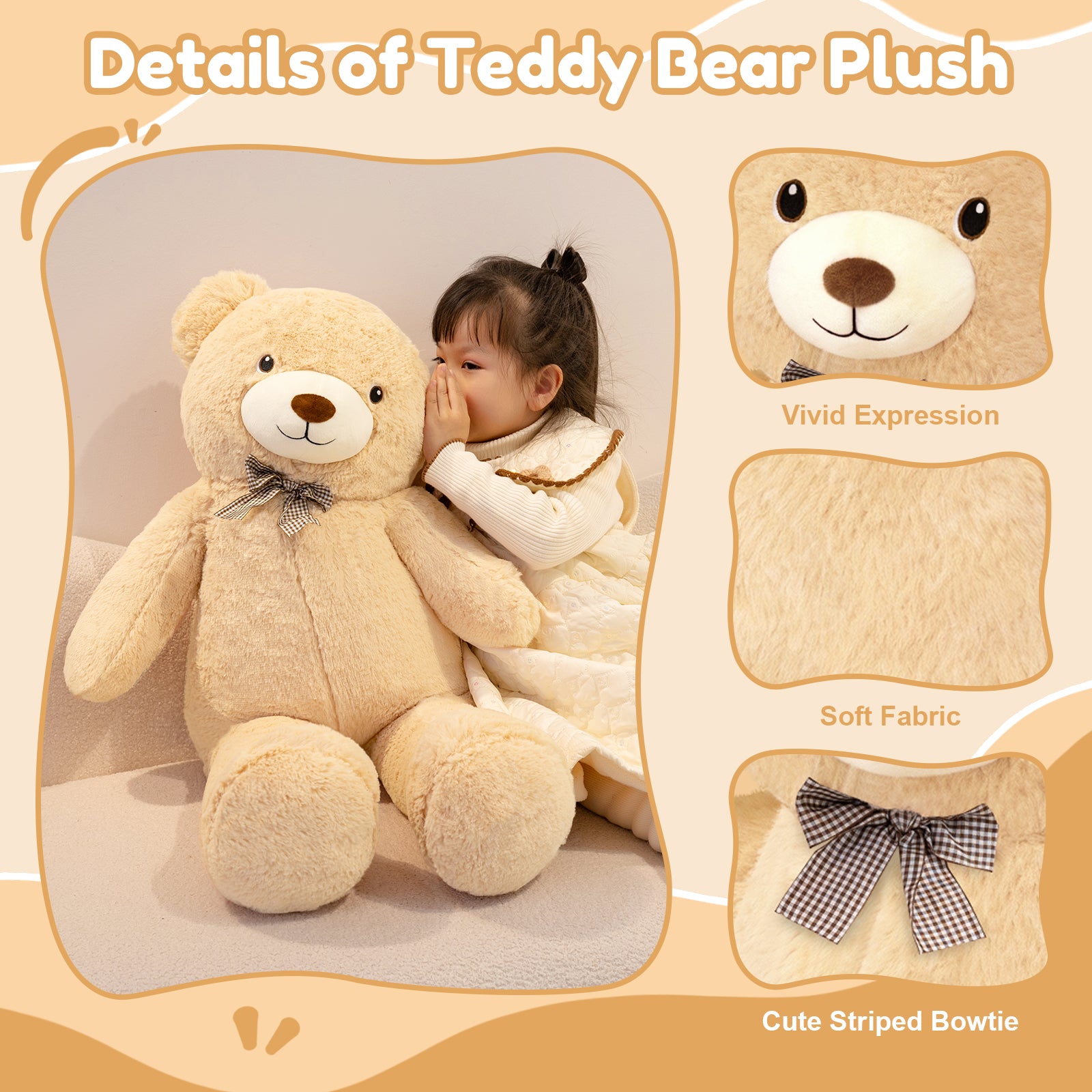 SQEQE giant teddy bear stuffed animal featured in a plush fabric and construction guide