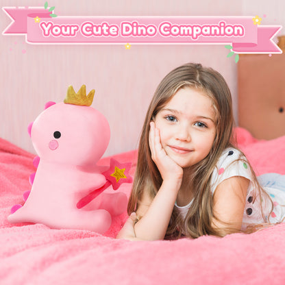 SQEQE dinosaur plush toy featured beside a child in a bedroom scene