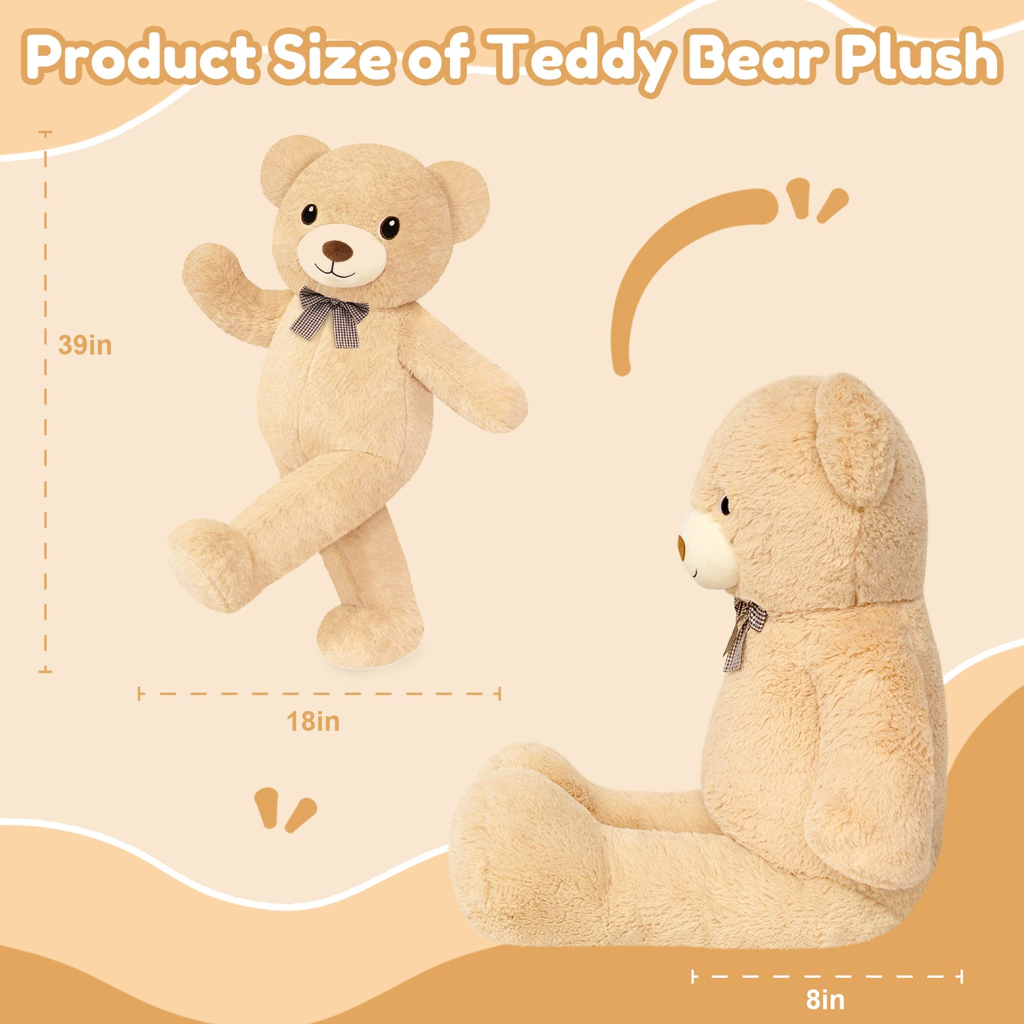 SQEQE giant teddy bear stuffed animal shown with height and depth measurements in a size guide