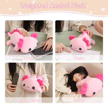 SQEQE weighted axolotl stuffed animal featured across work travel and rest lifestyle scenes