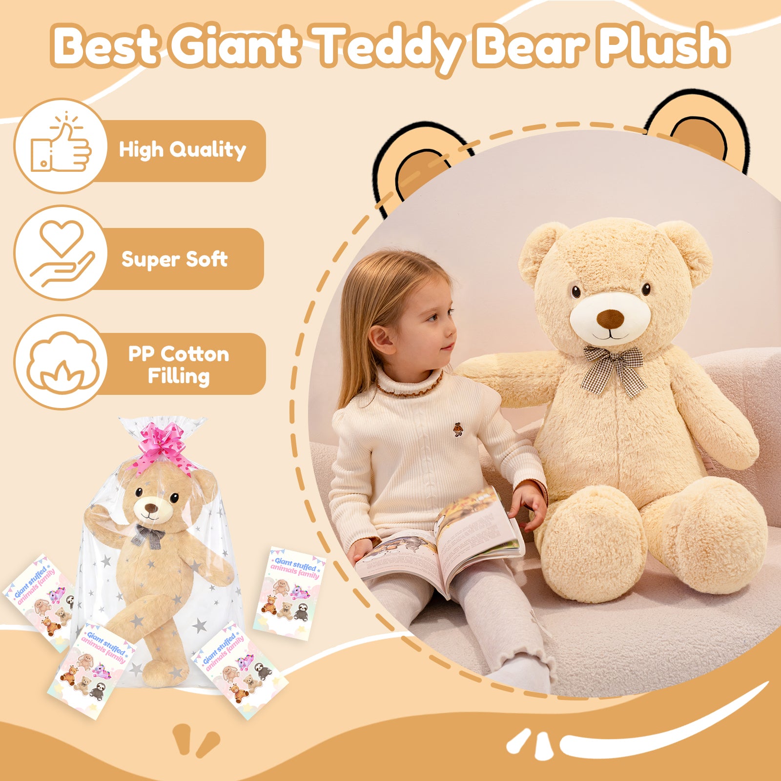 SQEQE giant teddy bear stuffed animal featured beside a child in a giant plush product layout