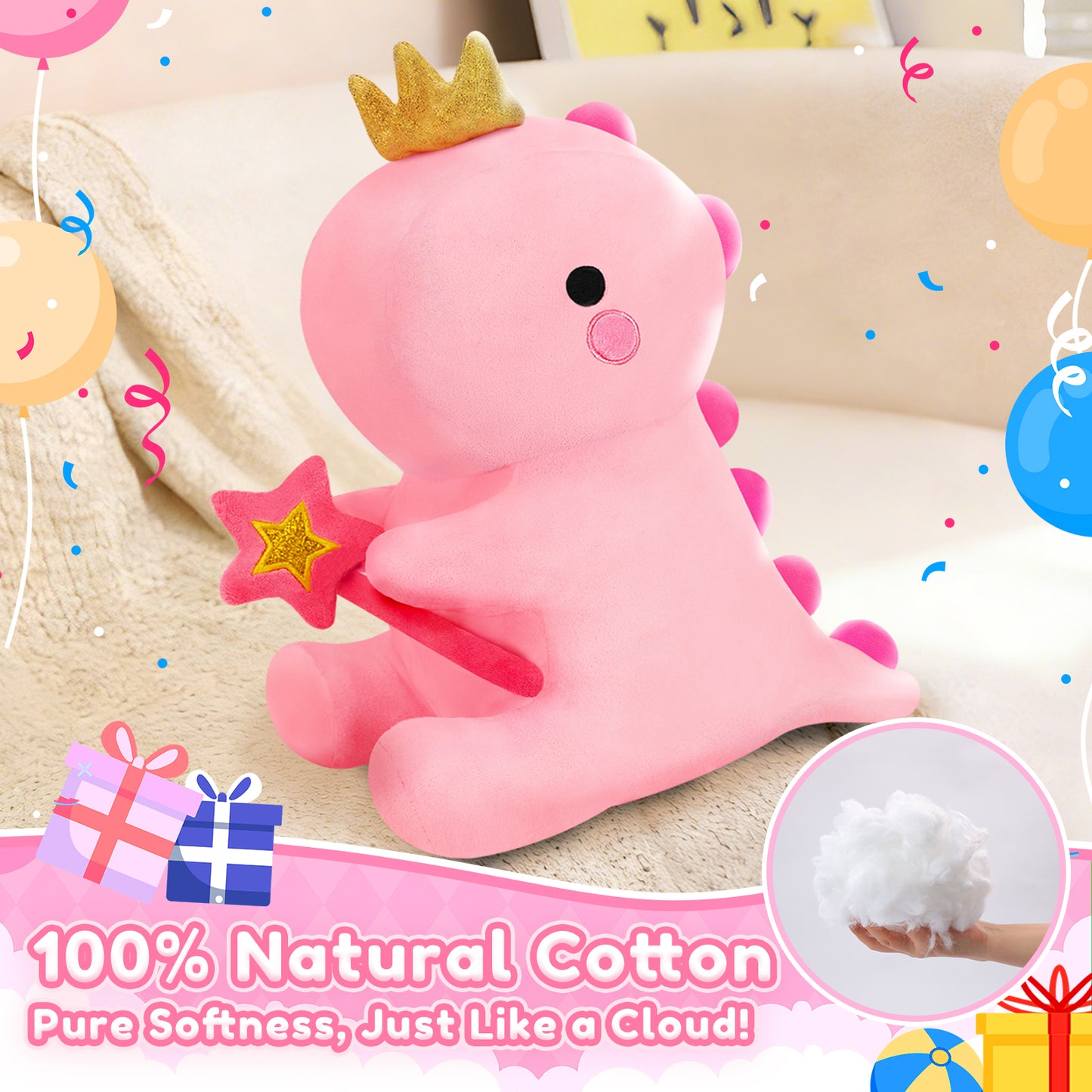 SQEQE dinosaur plush toy displayed on a bed in a softness feature graphic