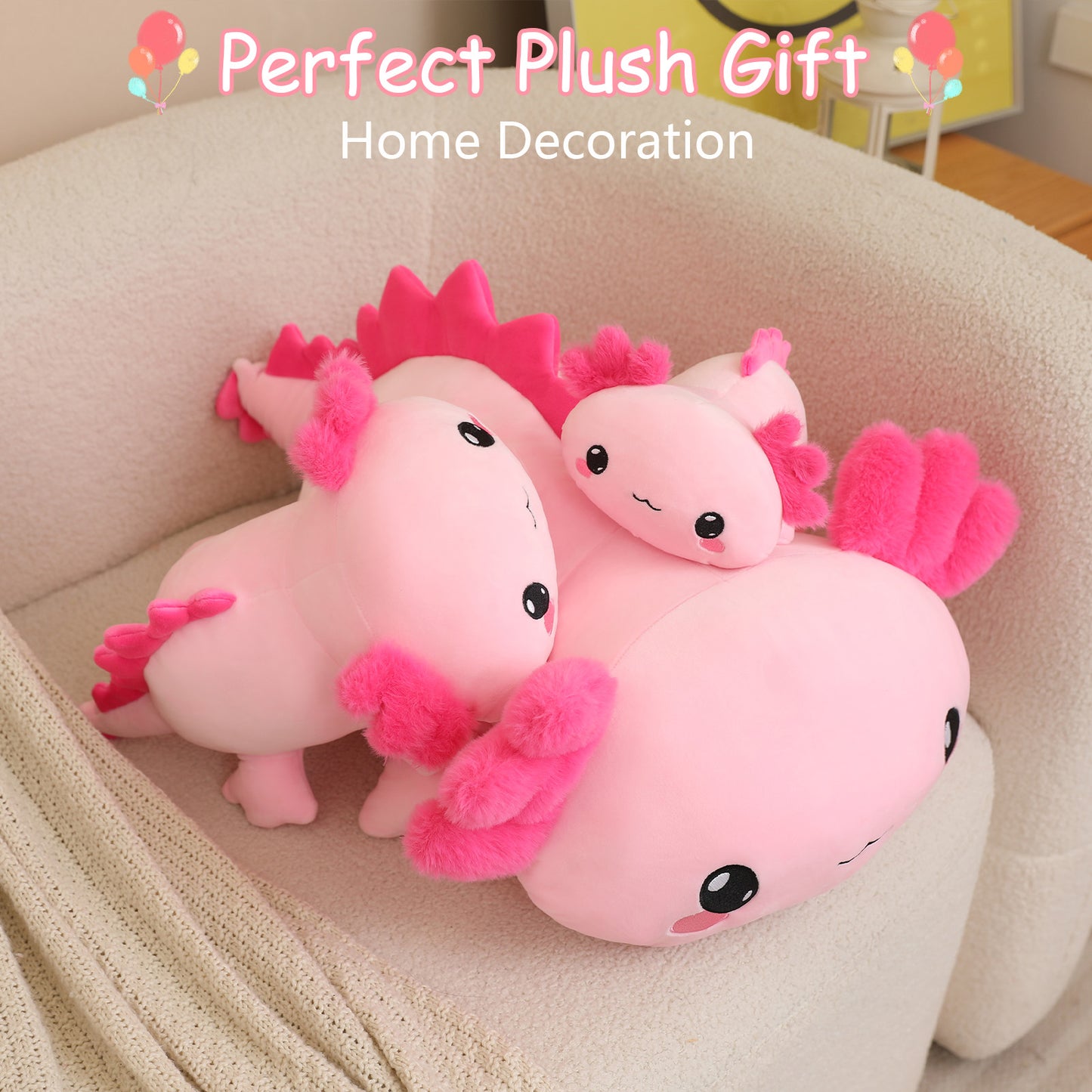 SQEQE weighted axolotl stuffed animal arranged as home decor in three size options