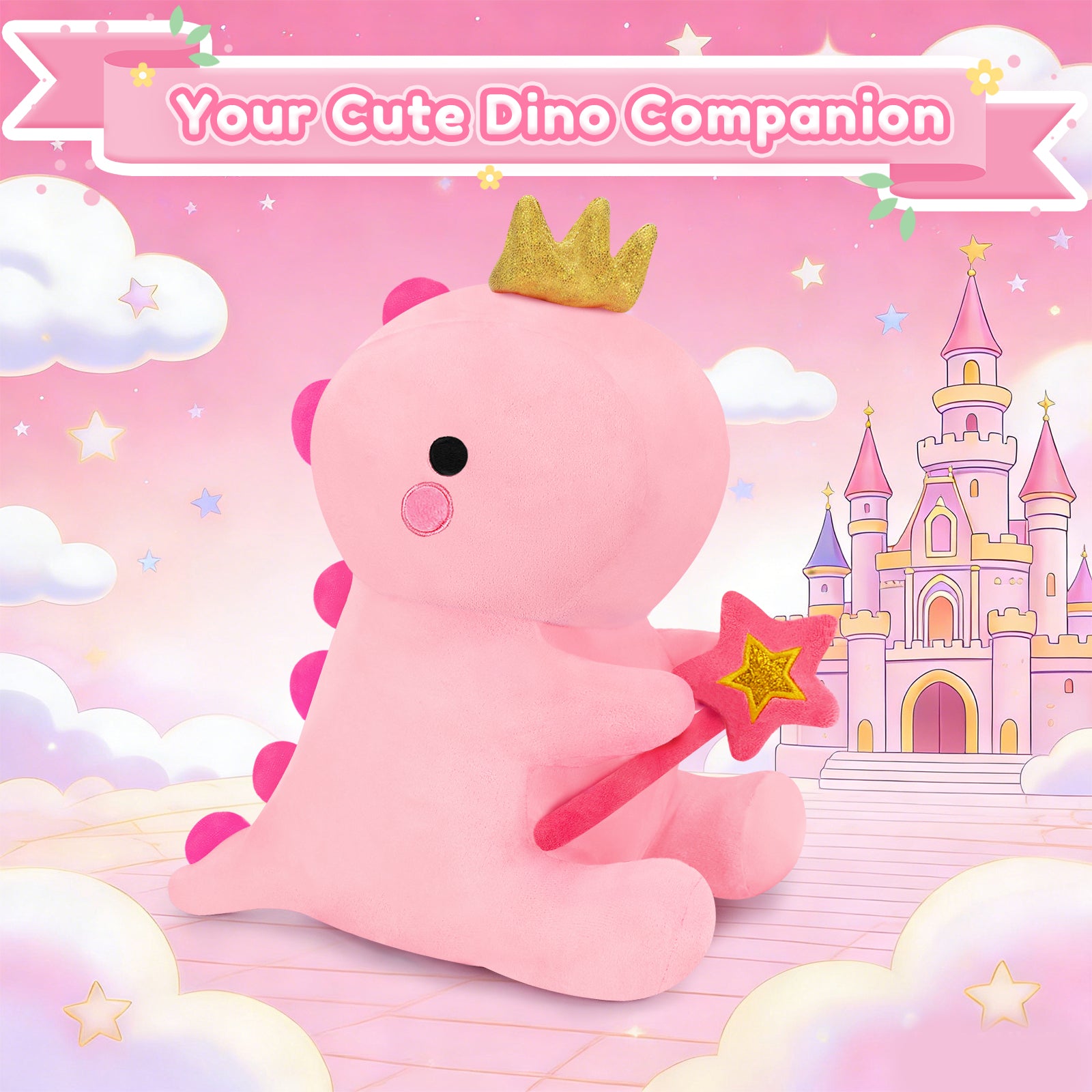 SQEQE dinosaur plush toy shown in a fantasy themed product graphic
