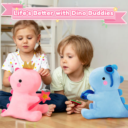 SQEQE dinosaur stuffed animal paired with another dinosaur plush during shared play