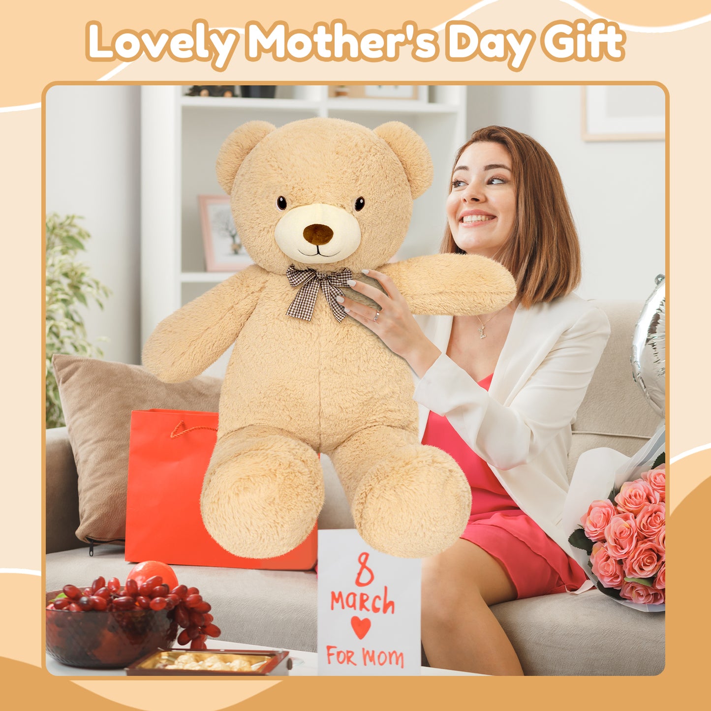 SQEQE giant teddy bear stuffed animal held during a family gift moment
