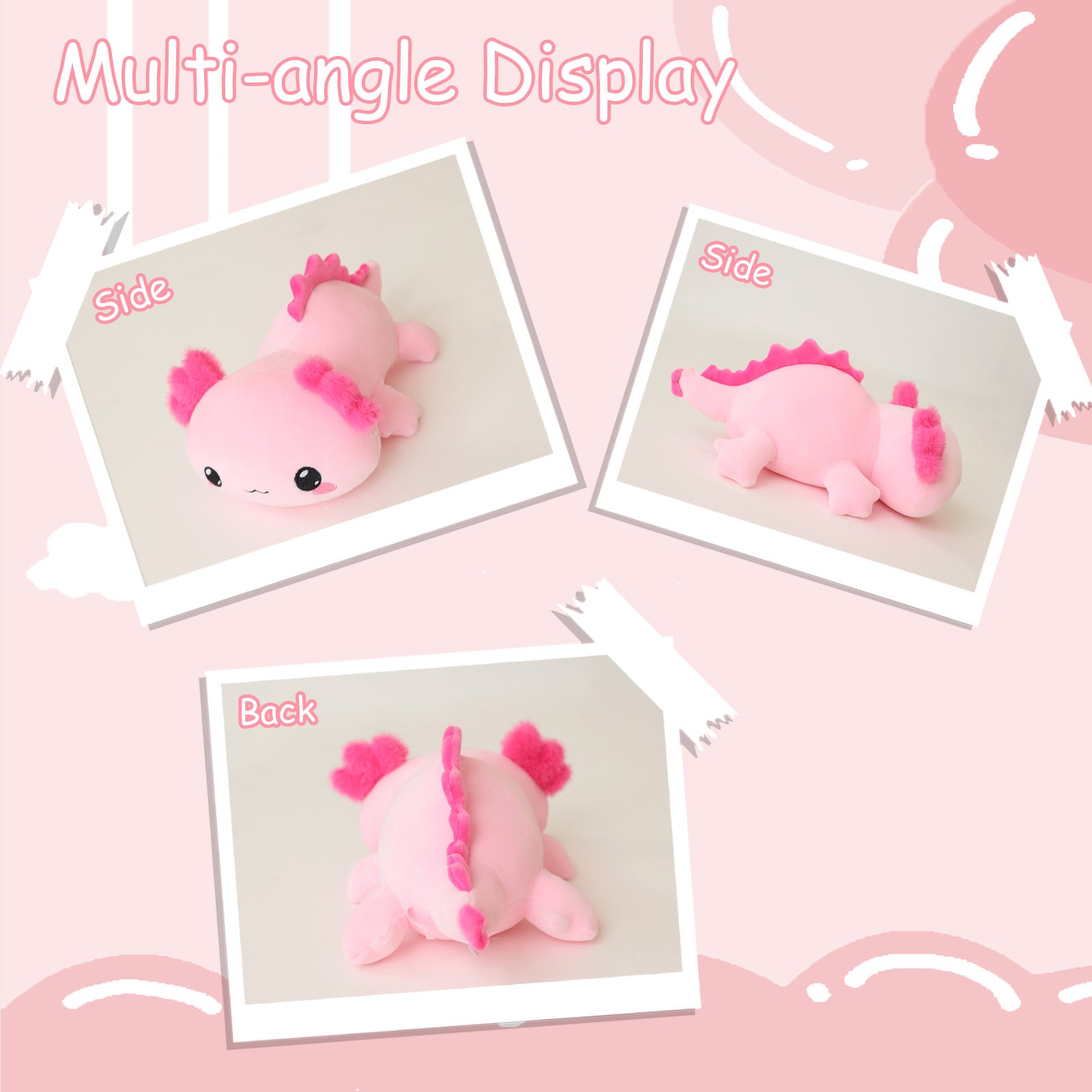 SQEQE weighted axolotl stuffed animal shown from front side and back angles