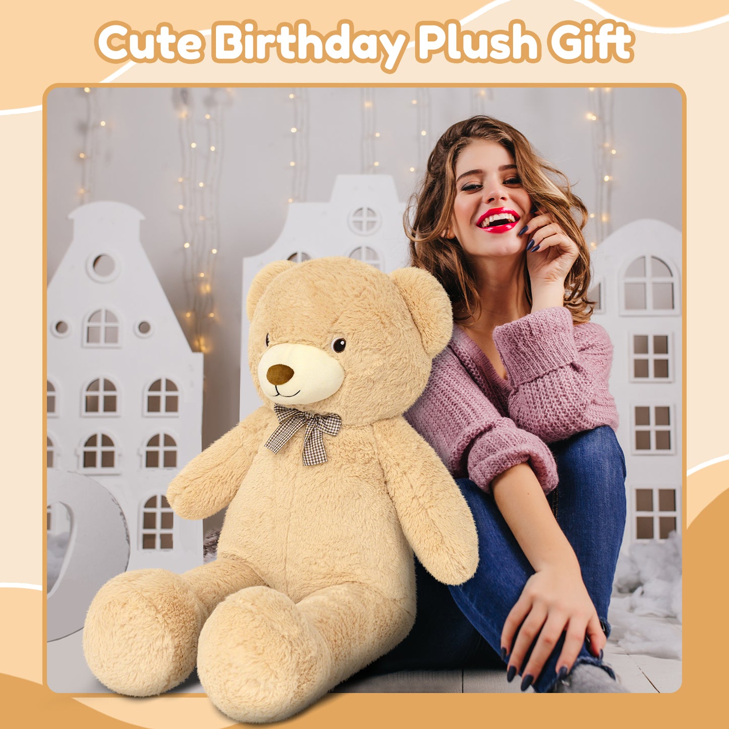 SQEQE giant teddy bear stuffed animal displayed beside an adult for a large size comparison