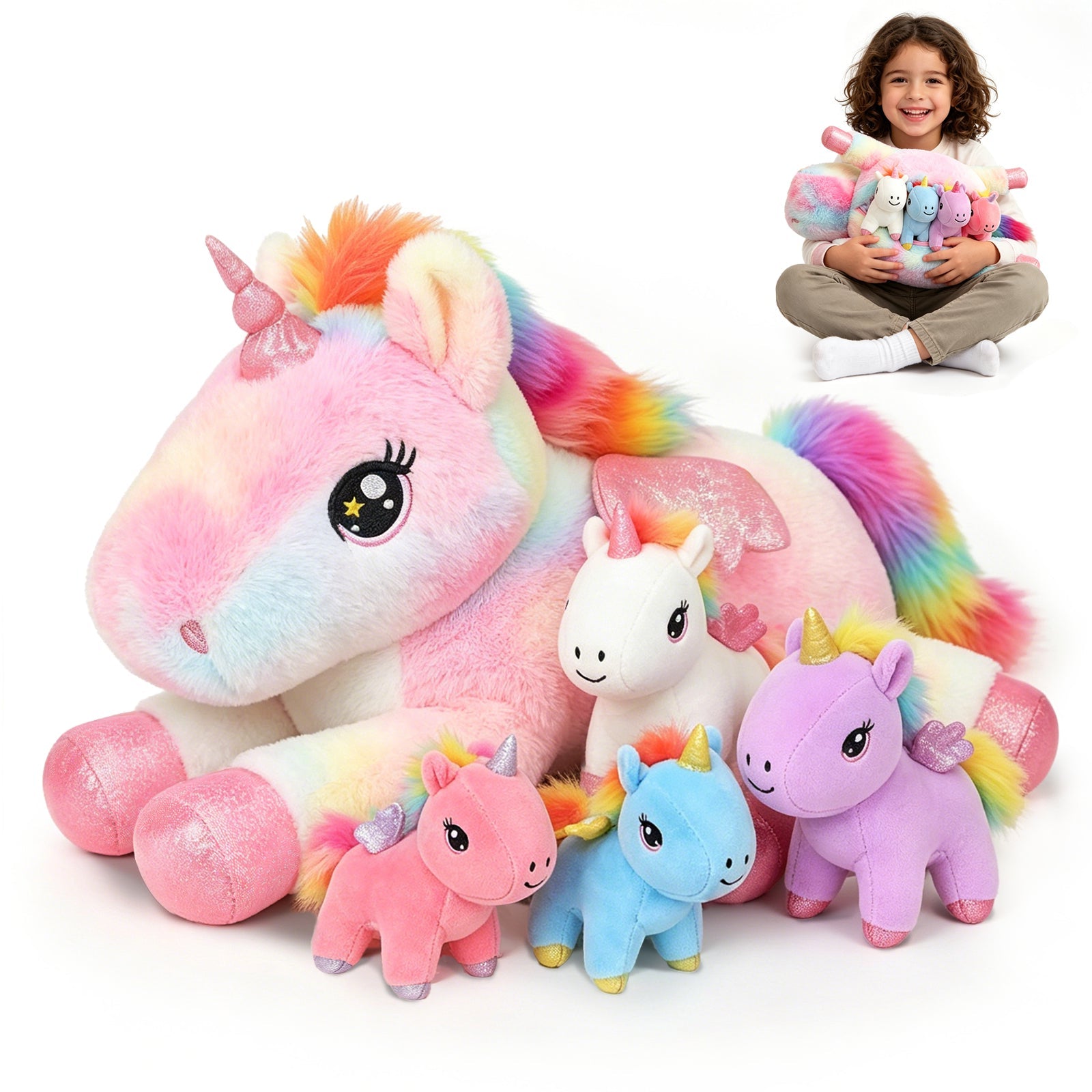 SQEQE unicorn stuffed animal with babies displayed with four baby unicorn plush toys on a plain background
