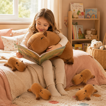 Capybara plush family set with one parent stuffed animal and four baby capybaras