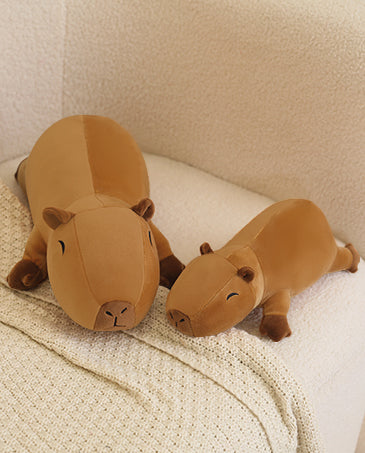 SQEQE capybara stuffed animal paired with a smaller matching plush in a size comparison