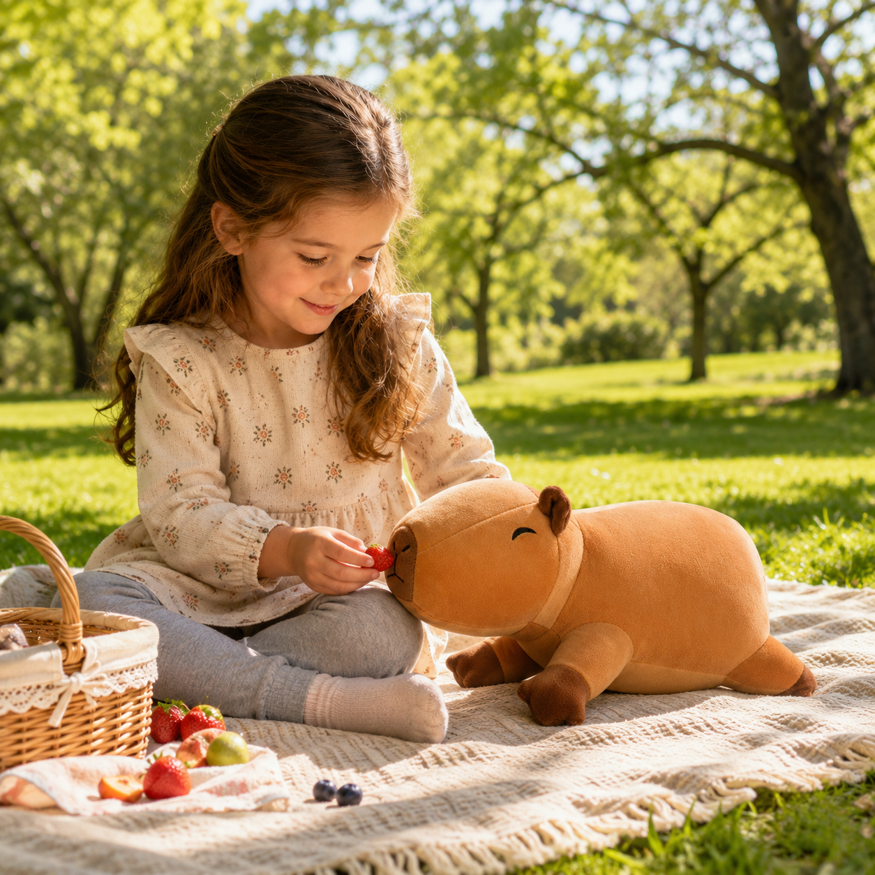 SQEQE capybara stuffed animal displayed during an outdoor picnic play scene