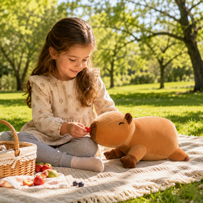 SQEQE capybara stuffed animal displayed during an outdoor picnic play scene