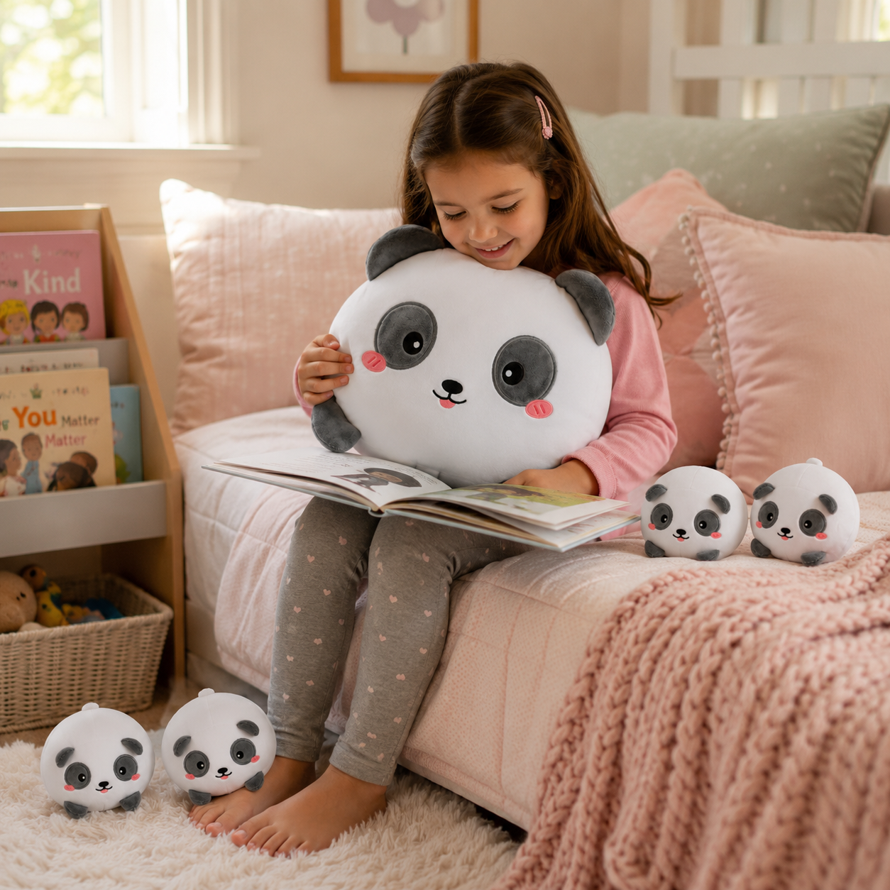 SQEQE panda stuffed animal with babies shared by a child during reading time