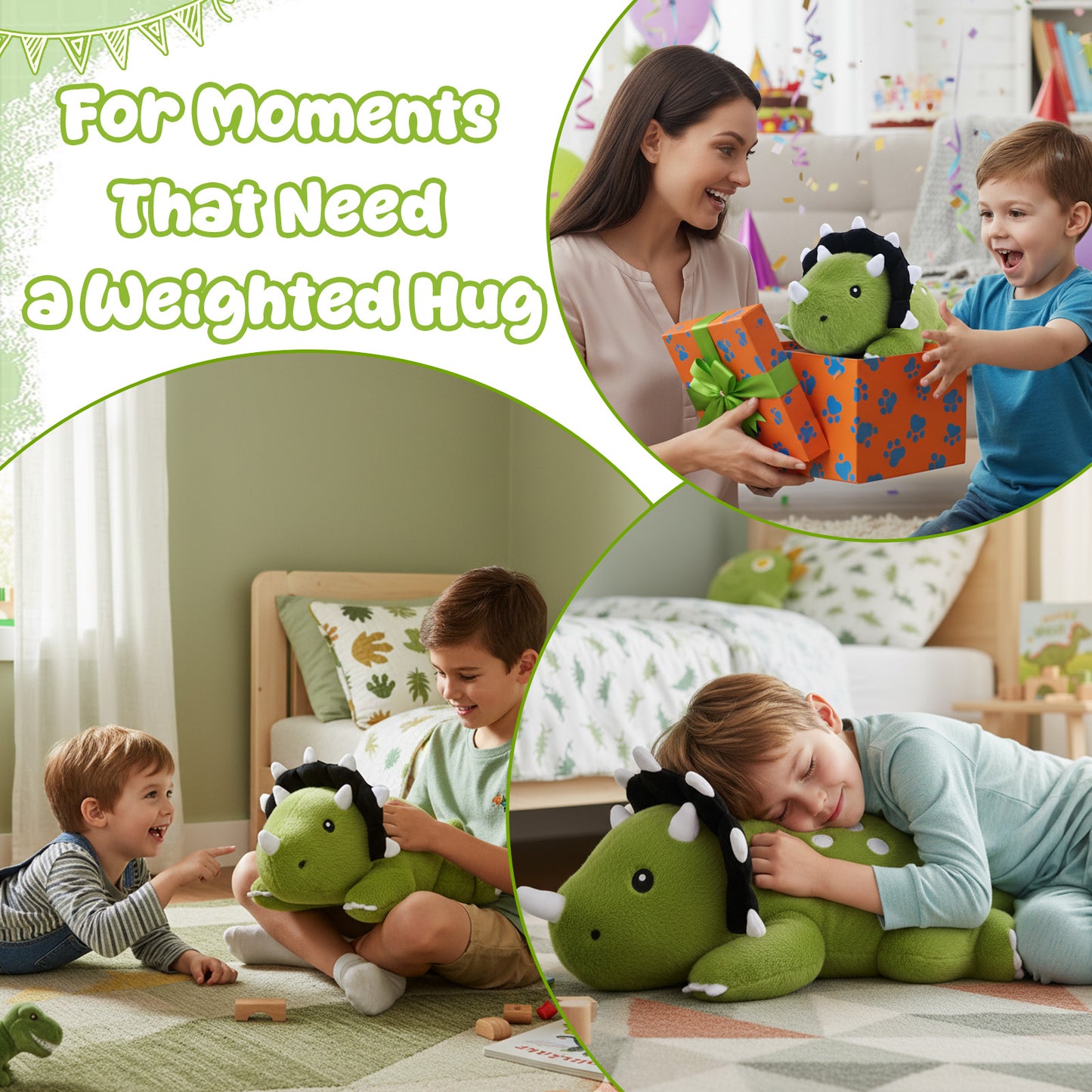 SQEQE weighted triceratops stuffed animal featured across gifting reading and bedtime scenes