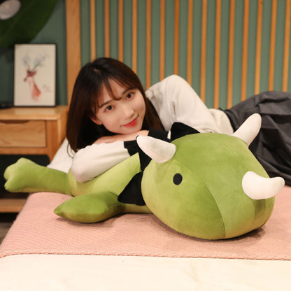 SQEQE giant triceratops stuffed animal shared by an adult with two matching plush toys