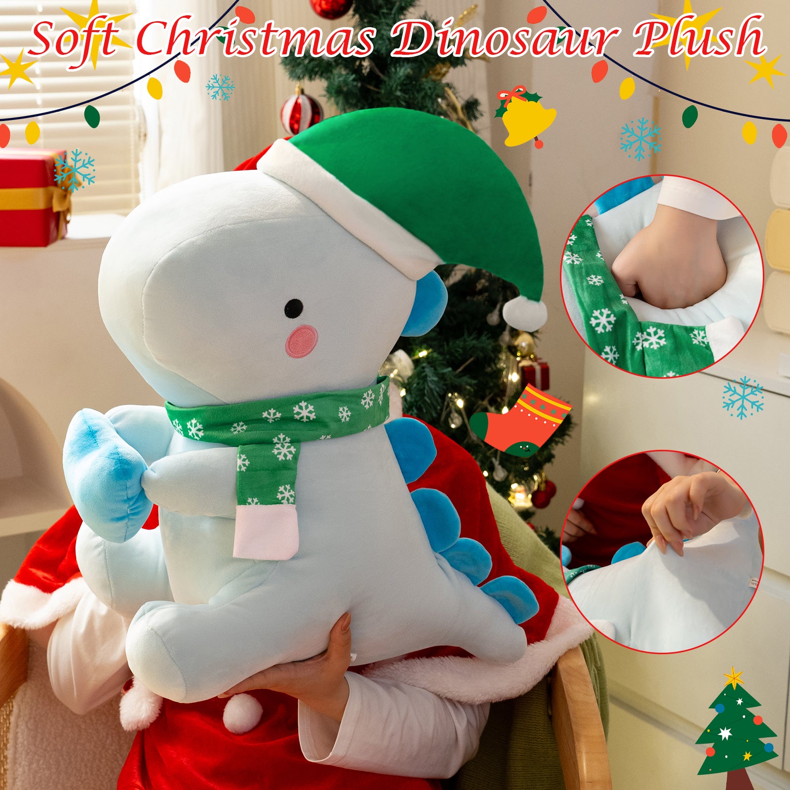 SQEQE Christmas dinosaur stuffed animal held by a child beside holiday decorations