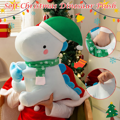 SQEQE Christmas dinosaur stuffed animal held by a child beside holiday decorations