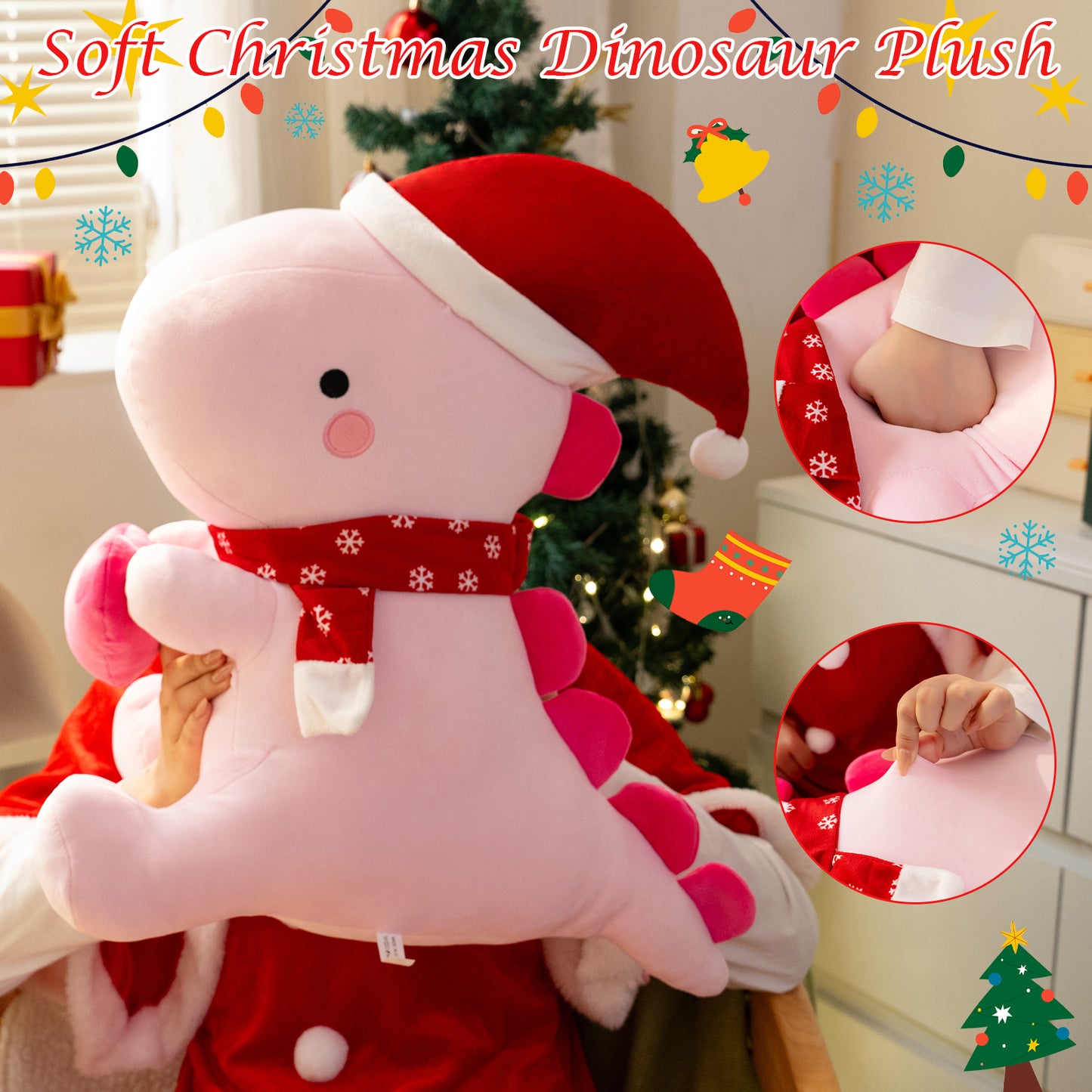 SQEQE Christmas dinosaur plush toy held by a child near a decorated Christmas tree