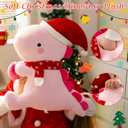 SQEQE Christmas dinosaur plush toy held by a child near a decorated Christmas tree