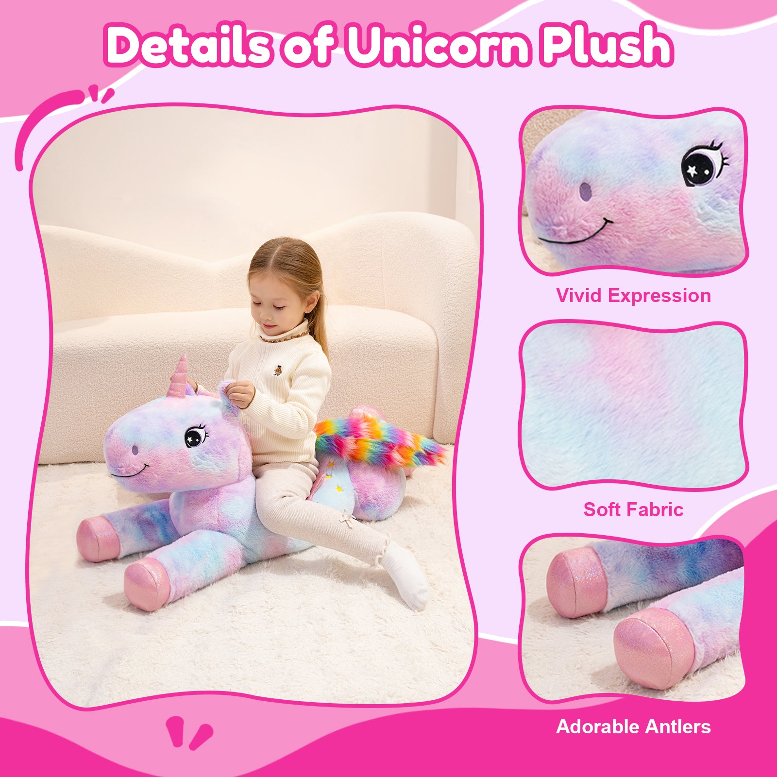 SQEQE giant unicorn plush pillow shown beside a child in a giant plush size comparison