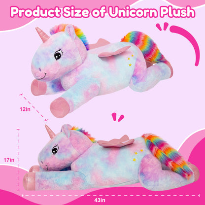 SQEQE giant unicorn plush pillow featured in a product detail and lifestyle layout