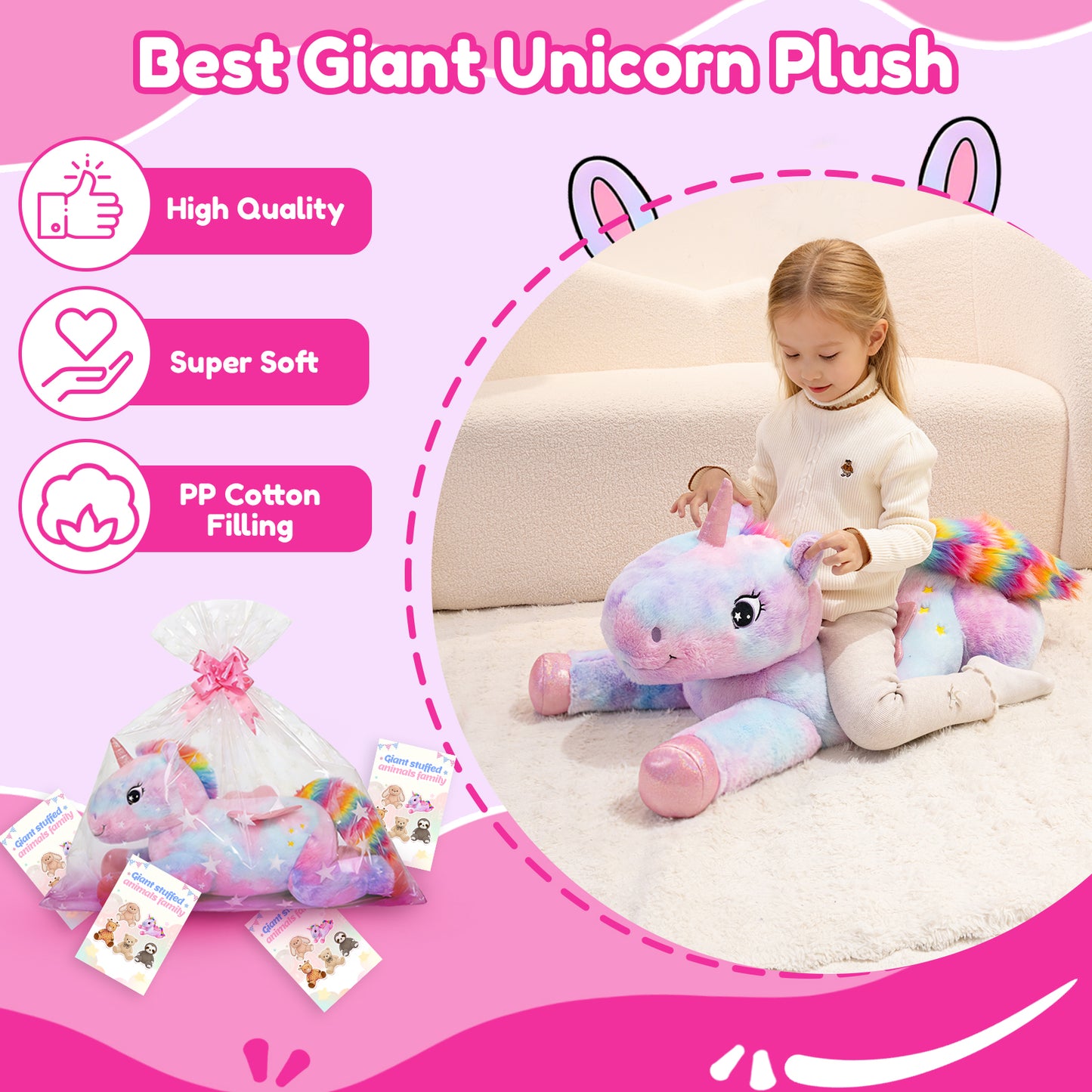 SQEQE giant unicorn plush pillow held by children during a birthday celebration