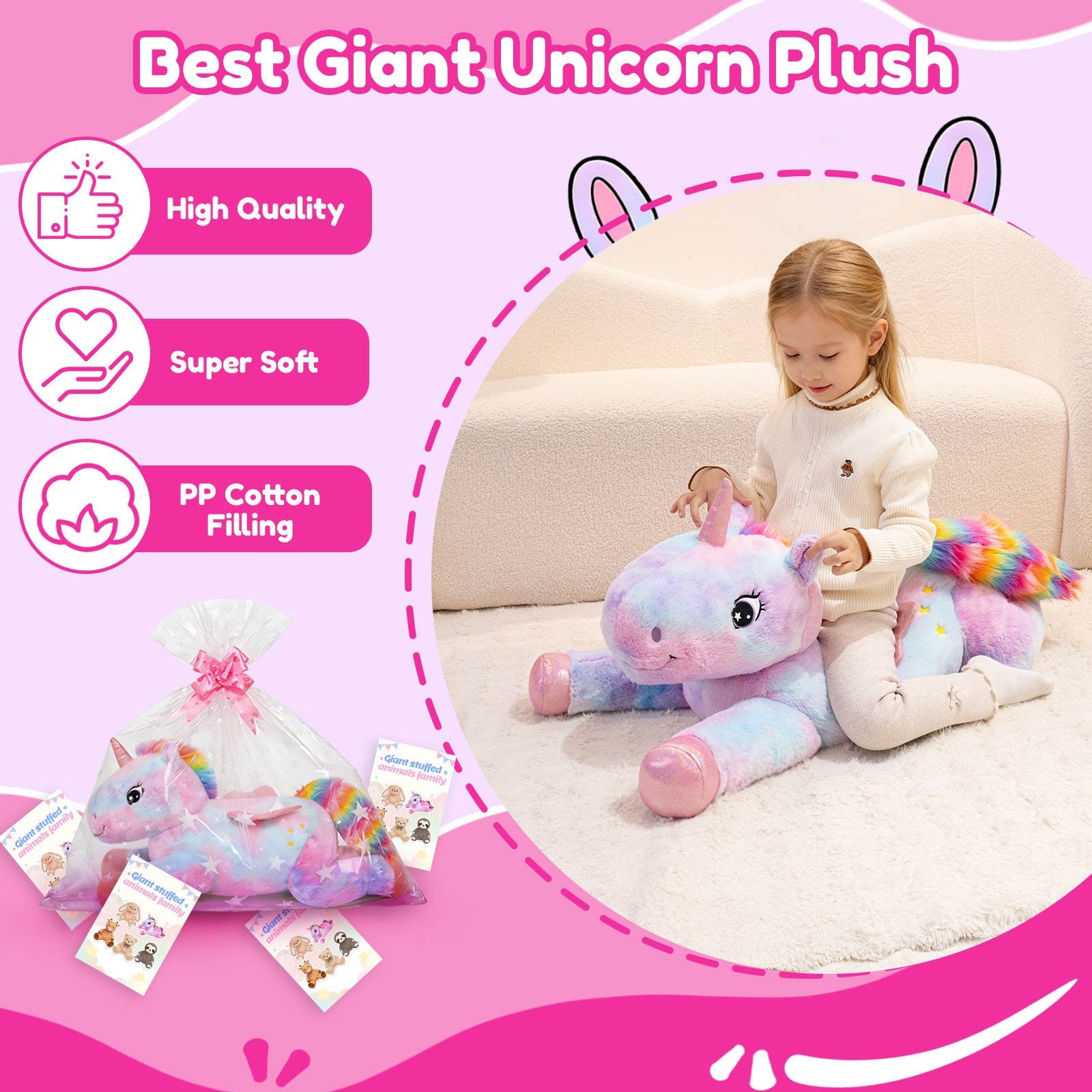SQEQE giant unicorn plush pillow held by children during a birthday celebration