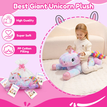 SQEQE giant unicorn plush pillow held by children during a birthday celebration