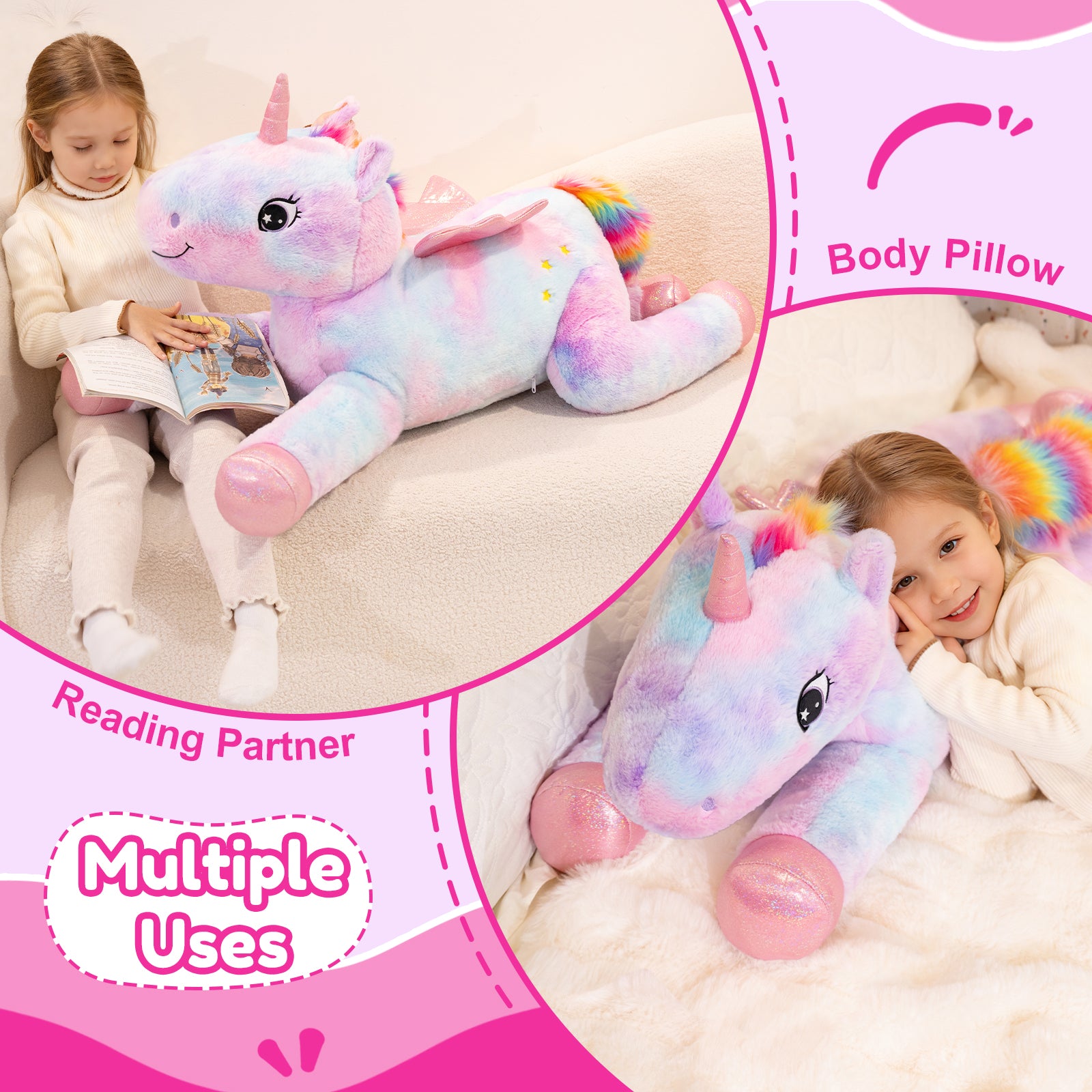 SQEQE giant unicorn plush pillow shown with length and height measurements in a size guide