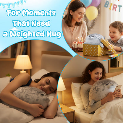 SQEQE weighted seal stuffed animal featured across birthday holiday and family gift scenes