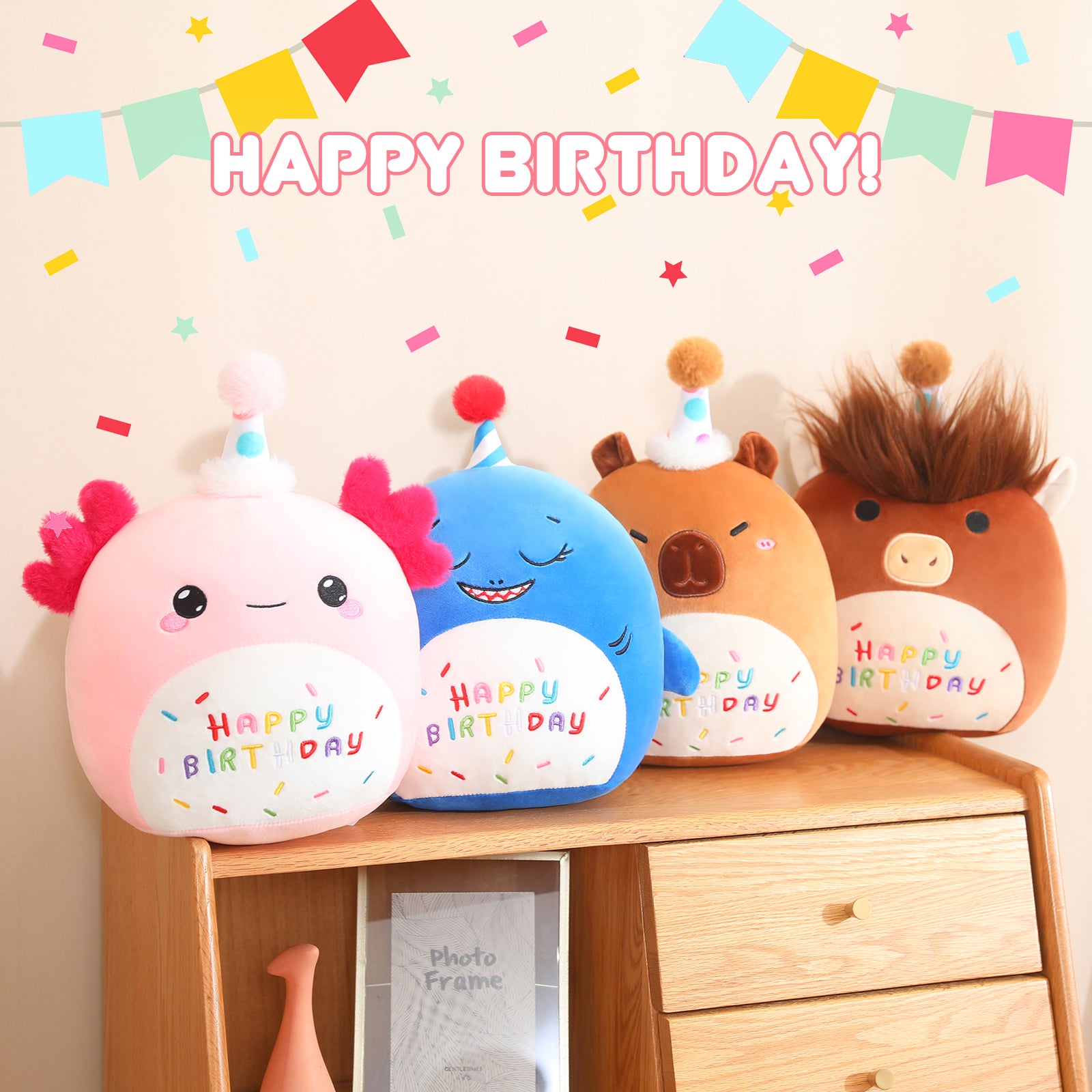 SQEQE birthday axolotl plush toy displayed with other birthday animal plush toys