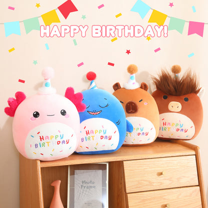 SQEQE birthday axolotl plush toy displayed with other birthday animal plush toys
