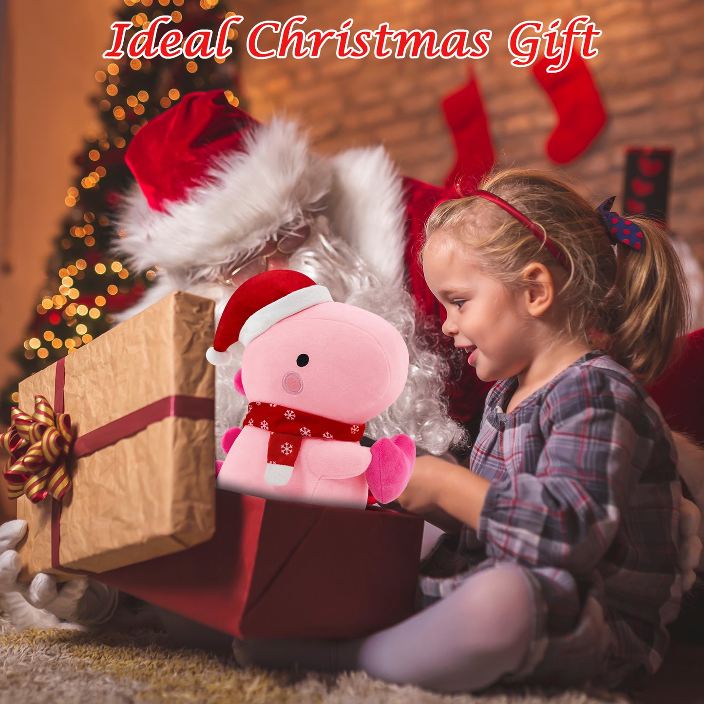 SQEQE Christmas dinosaur plush toy revealed from a gift box during a holiday moment