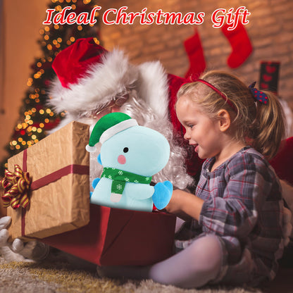 SQEQE Christmas dinosaur stuffed animal revealed from a gift box in a Christmas scene