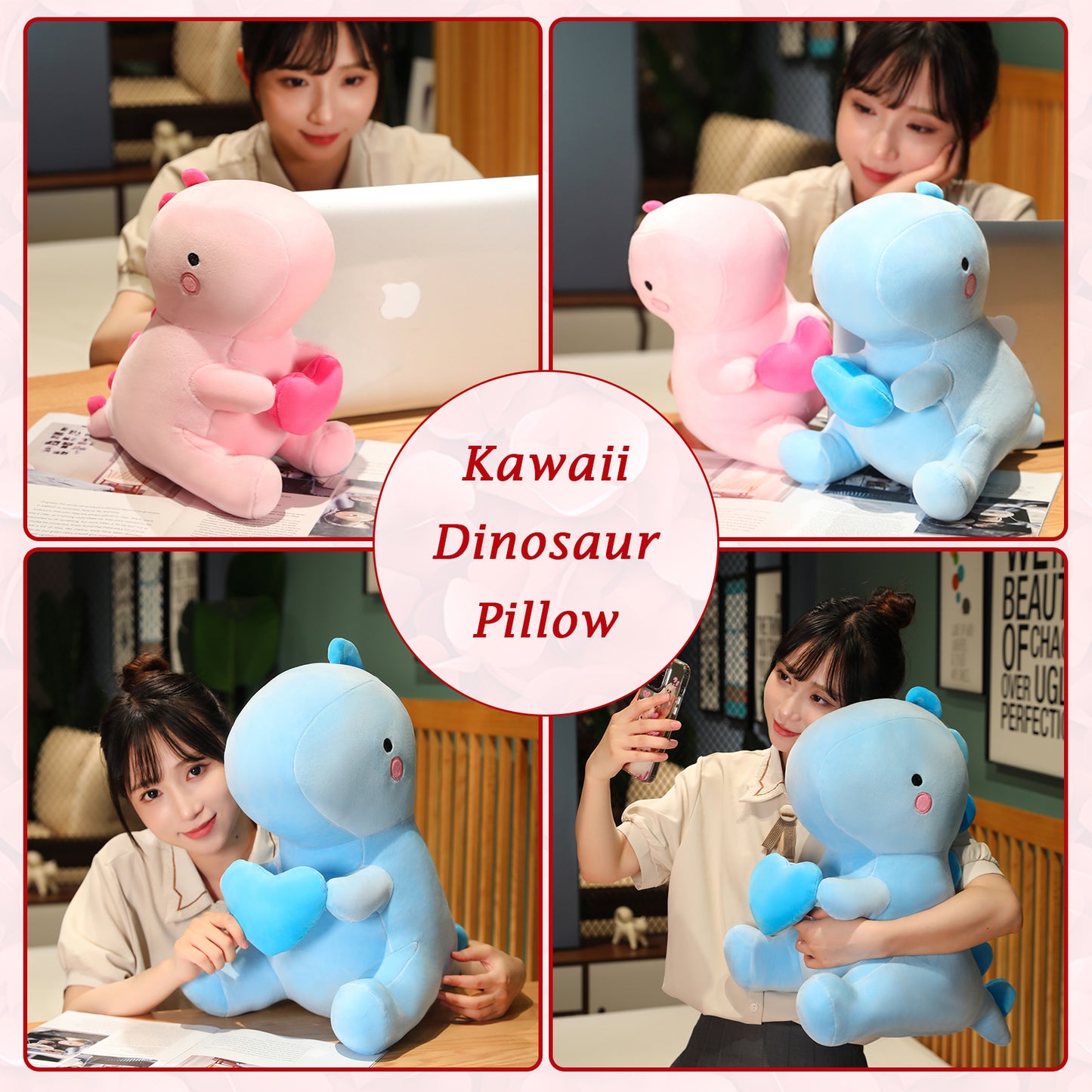 SQEQE dinosaur plush pillow displayed across home and reading lifestyle scenes