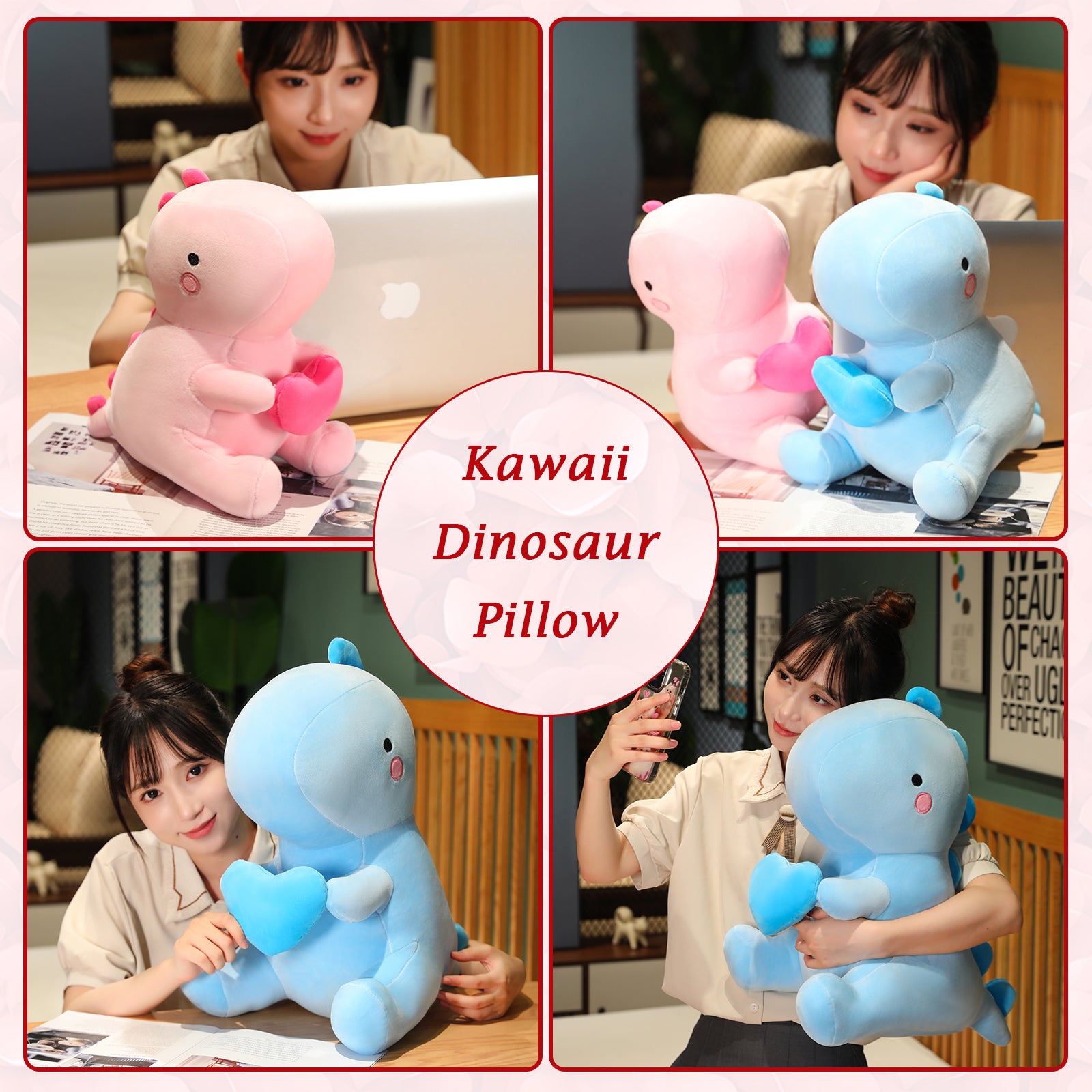SQEQE dinosaur plush pillow displayed across home and reading lifestyle scenes