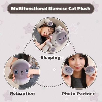 SQEQE Siamese cat stuffed animal with babies featured across sleep relaxation and travel scenes