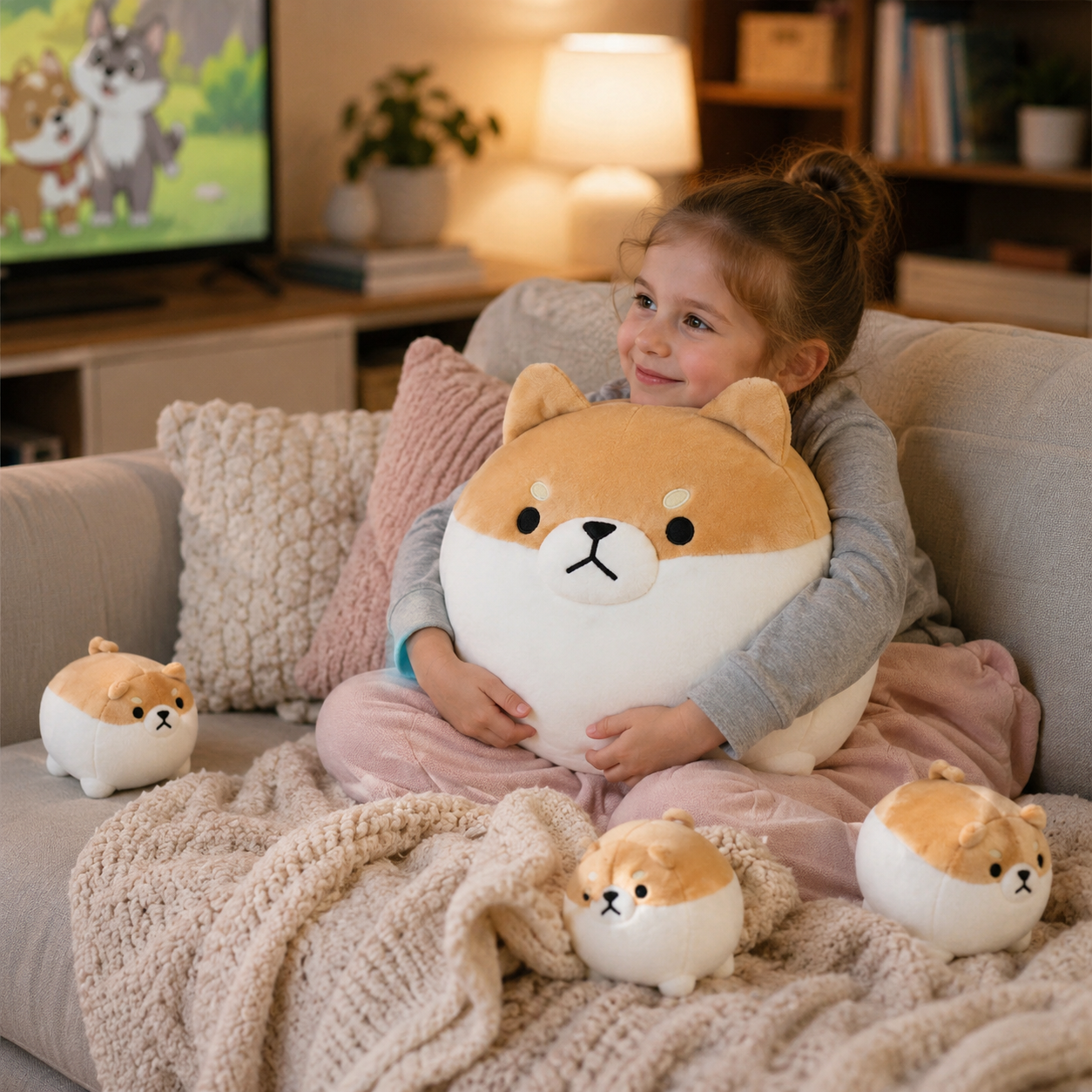 SQEQE Shiba Inu stuffed animal with babies hugged during a cozy home movie night